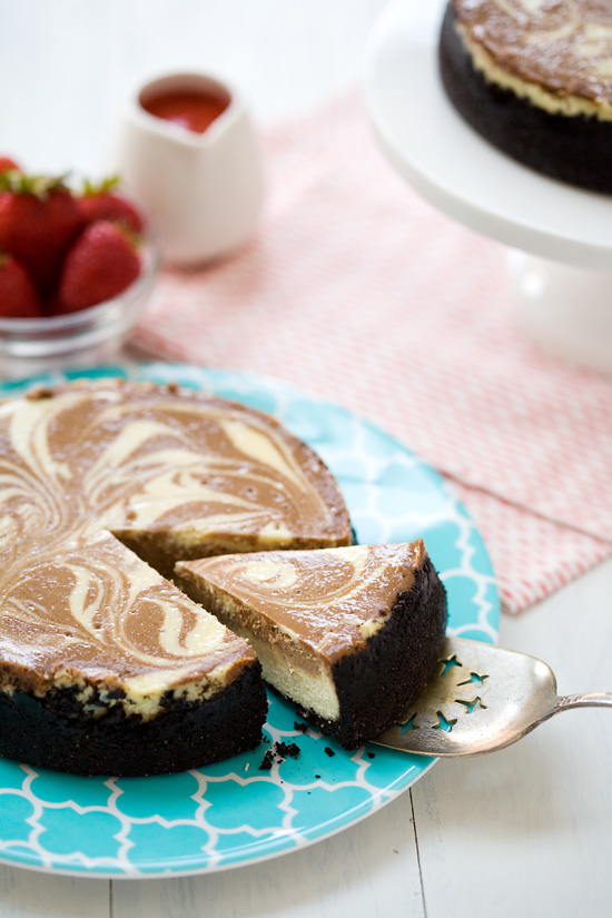 Banana Split Cheesecake with Strawberry Sauce