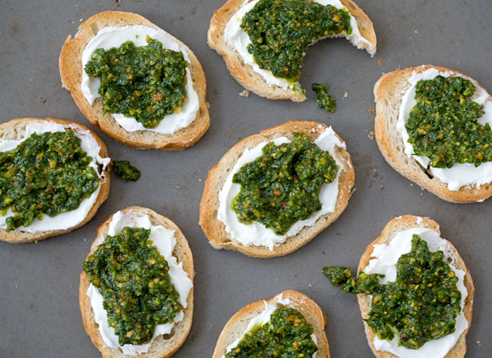 Arugula Pesto and Goat Cheese Bruschetta