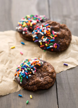 Chocolate Dipped Brownie Cookies with Rainbow Sprinkles