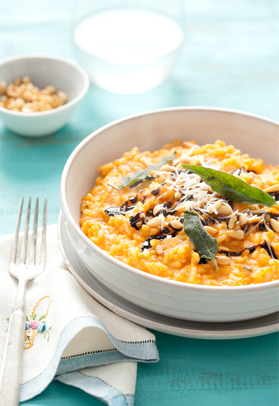 Butternut Squash Risotto with Pine Nuts, Balsamic Drizzle, and Fried Sage