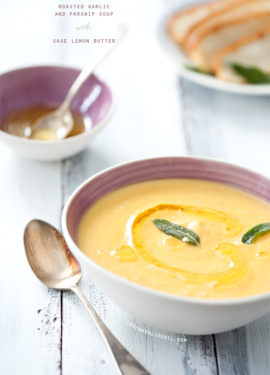 Roasted Garlic and Parsnip Soup with Sage Lemon Butter