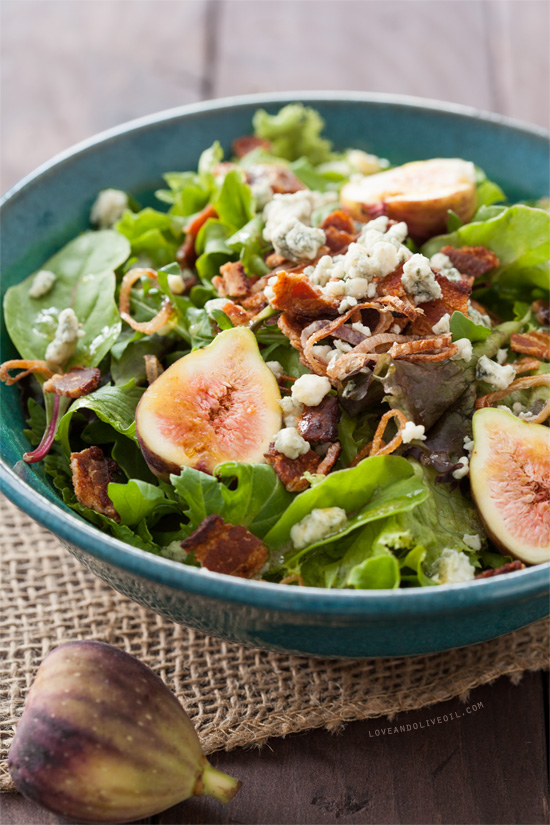 Fig, Blue Cheese, and Bacon Salad with Fried Shallots