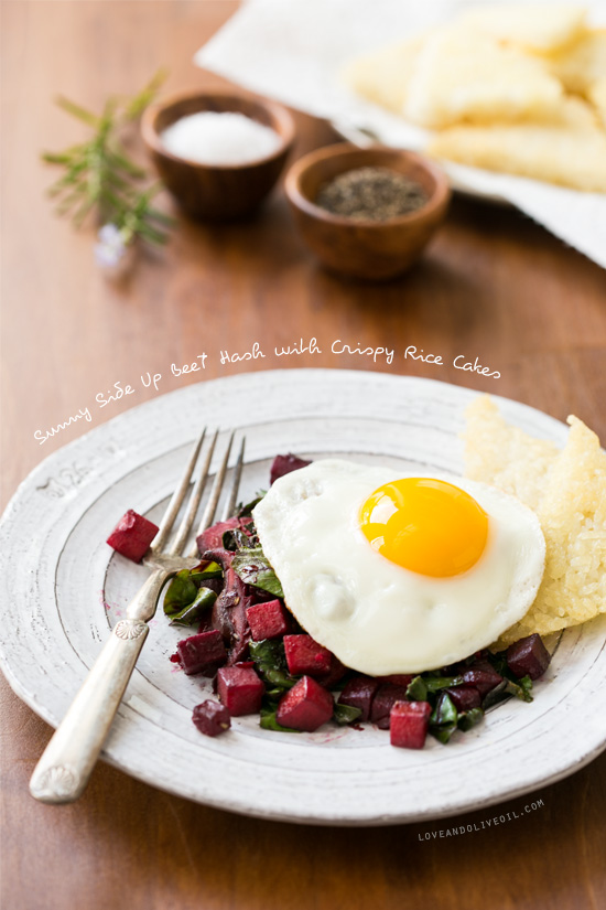 Sunny Side Up Beet Hash with Crispy Rice Cakes