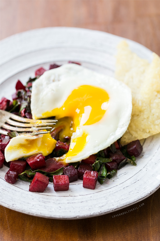 Sunny Side Up Beet Hash with Crispy Rice Cakes