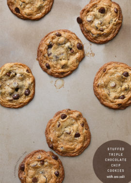 Stuffed Triple Chocolate Chip Cookies with Sea Salt