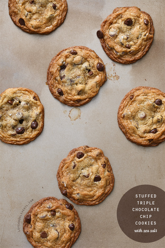 Stuffed Triple Chocolate Chip Cookies with Sea Salt