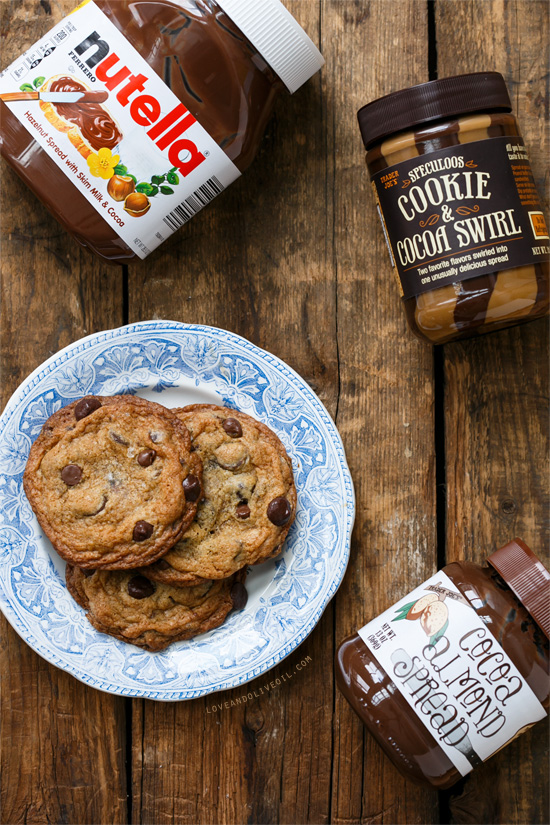 Salted Triple Chocolate Chip Cookies Stuffed with Nutella, Cookie Butter, and Cocoa Almond Spread