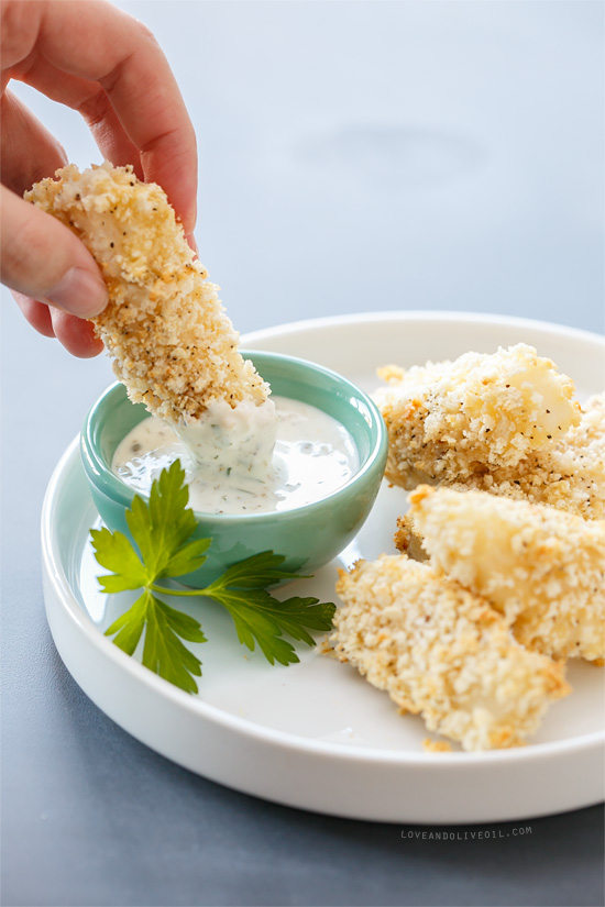 Baked Panko-Breaded Fish Sticks with Lemon-Caper Mayonnaise