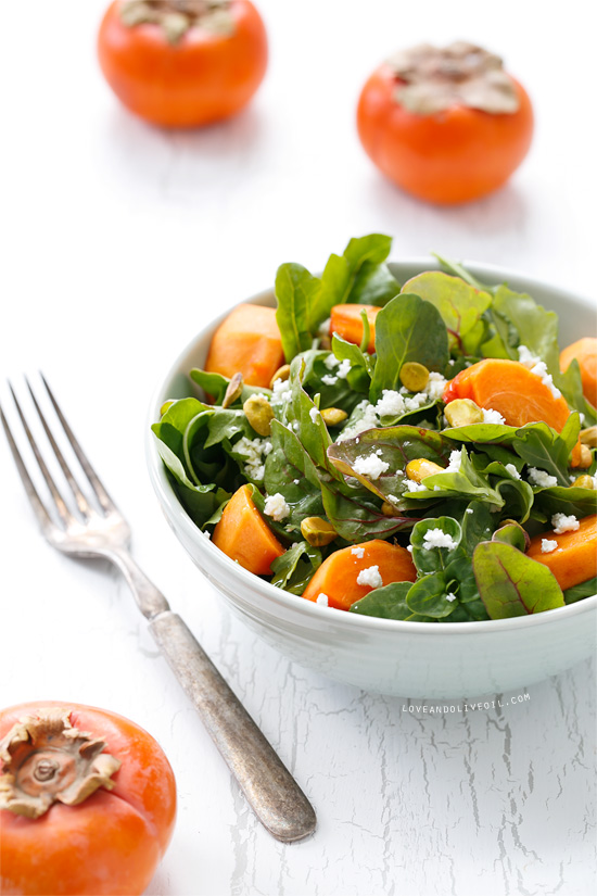 Persimmon Salad with Pistachios, Goat Cheese, and Blood Orange Vinaigrette