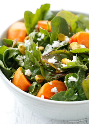 Persimmon Salad with Pistachios, Goat Cheese, and Blood Orange Viniagrette