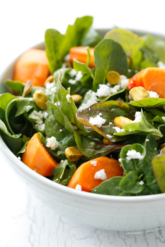 Persimmon Salad with Pistachios, Goat Cheese, and Blood Orange Vinaigrette