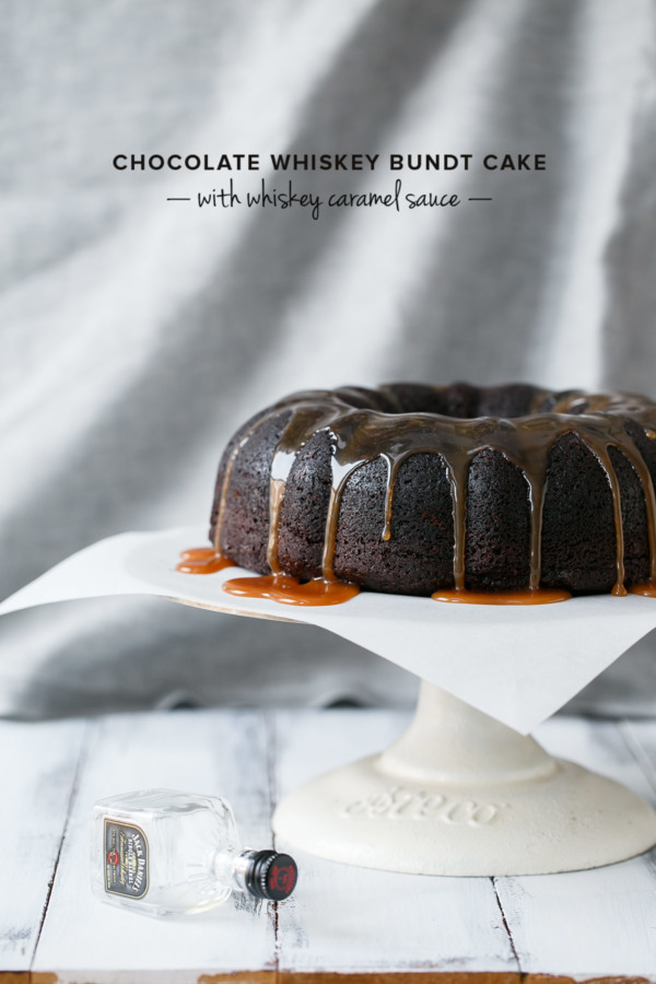 Chocolate Whiskey Bundt Cake Recipe drizzled with Whiskey Caramel Sauce