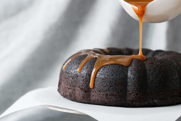 Chocolate Whiskey Bundt Cake with Whiskey Caramel Sauce