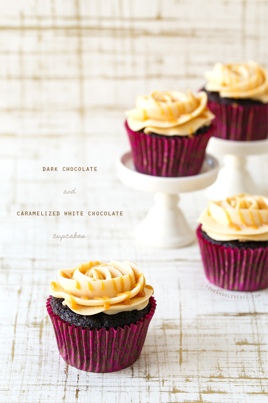 Dark Chocolate and Caramelized White Chocolate Cupcakes from @loveandoliveoil