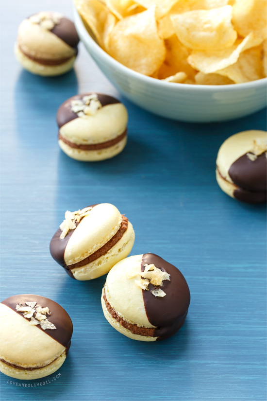 Chocolate Covered Potato Chip Macarons from @loveandoliveoil