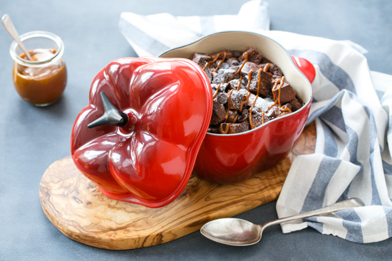 Spicy Chocolate Bread Pudding with Dulce de Leche from @loveandoliveoil
