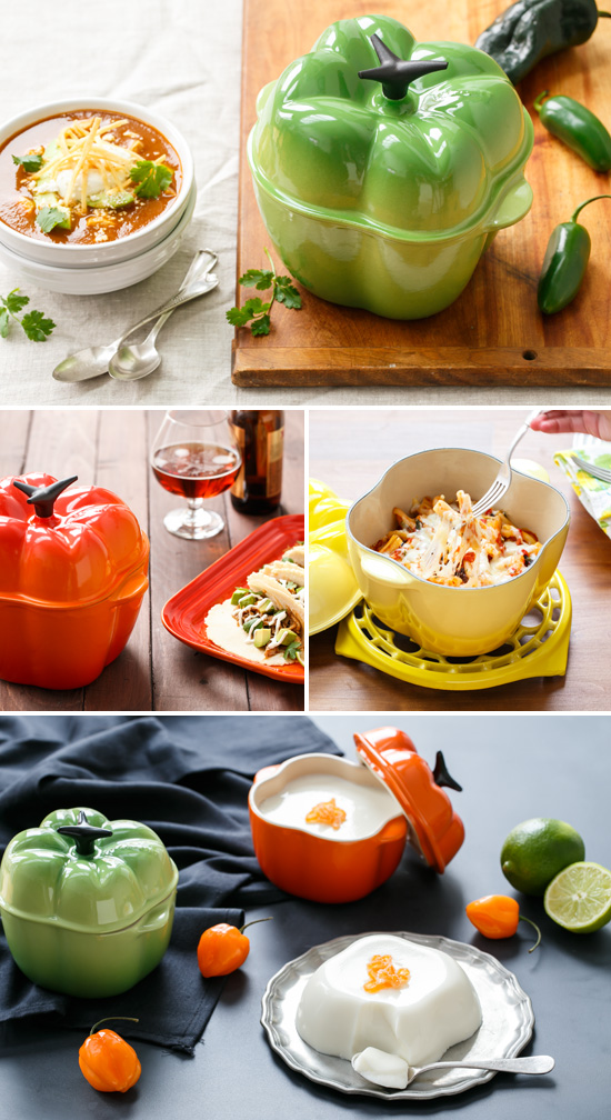 Pepper Cocotte recipes (Tortilla Soup, Beer-braised Chicken Tacos, Spicy Tomato Baked Pasta, Habanero Lime Panna Cotta) from @loveandoliveoil
