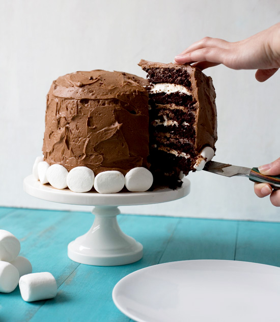 Six-Layer Chocolate Cake with Toasted Marshmallow Filling & Malted Chocolate Frosting