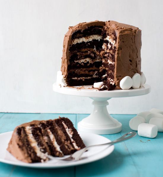 Six-Layer Chocolate Cake with Toasted Marshmallow Filling & Malted Chocolate Frosting