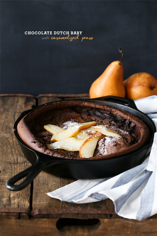 Chocolate Dutch Baby with Caramelized Pears from @loveandoliveoil