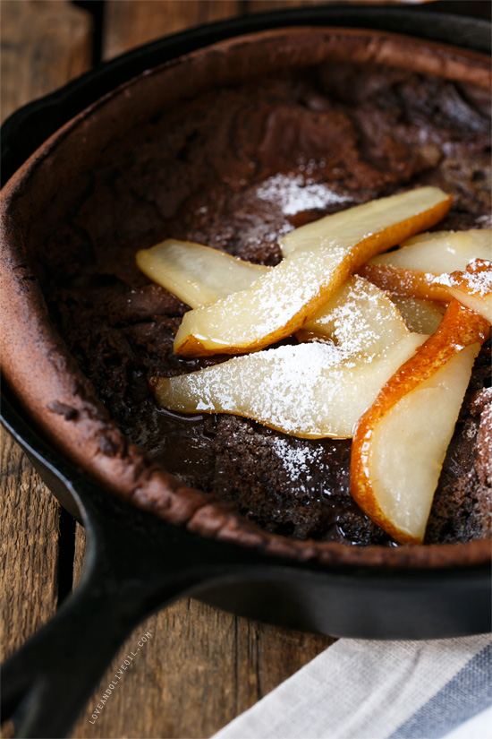 Chocolate Dutch Baby with Caramelized Pears from @loveandoliveoil