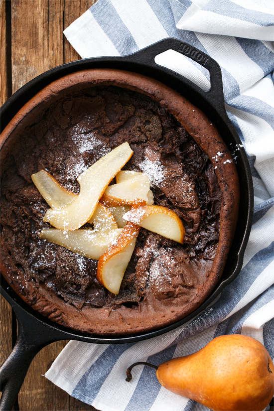Chocolate Dutch Baby with Caramelized Pears from @loveandoliveoil