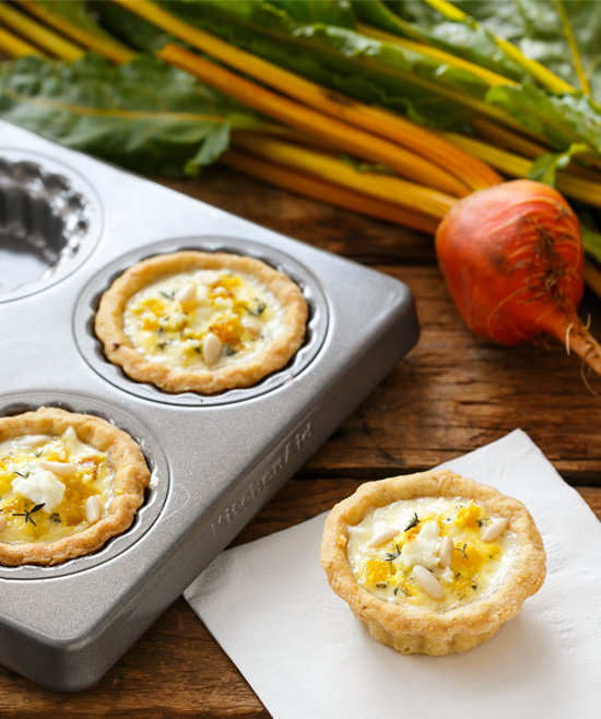 Bite-Sized Golden Beet and Goat Cheese Quiches from @loveandoliveoil