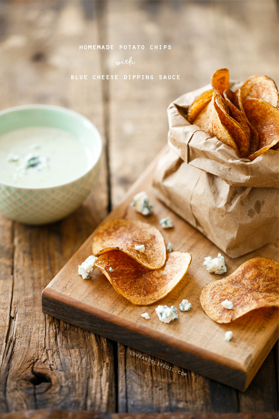 Homemade Potato Chips with Blue Cheese Dipping Sauce from @loveandoliveoil