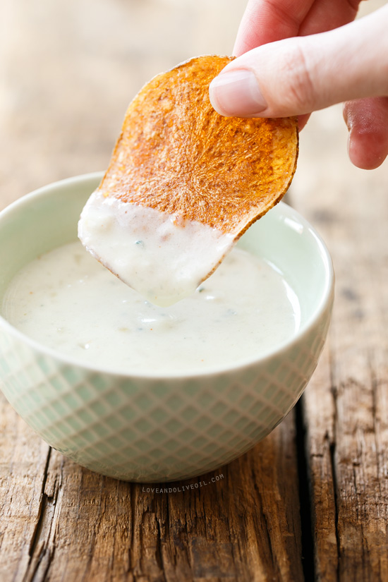 Homemade Potato Chips with Blue Cheese Dipping Sauce from @loveandoliveoil