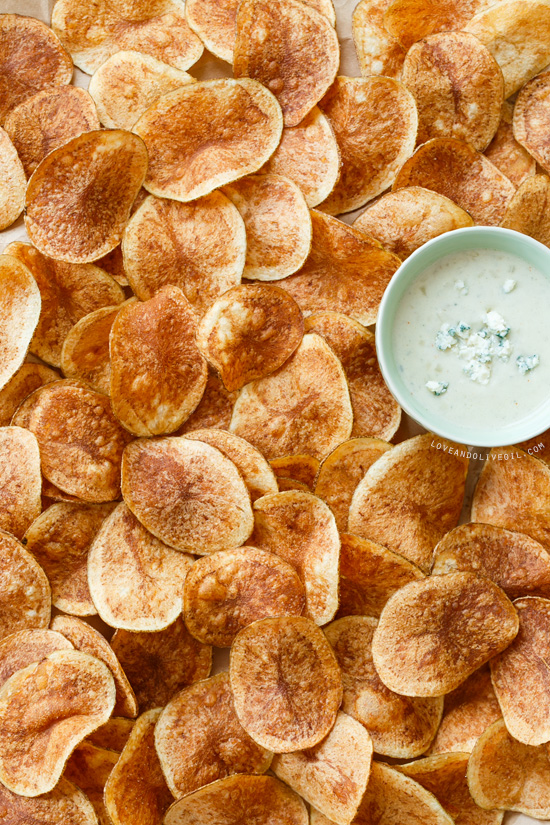 Homemade Potato Chips with Blue Cheese Dipping Sauce from @loveandoliveoil