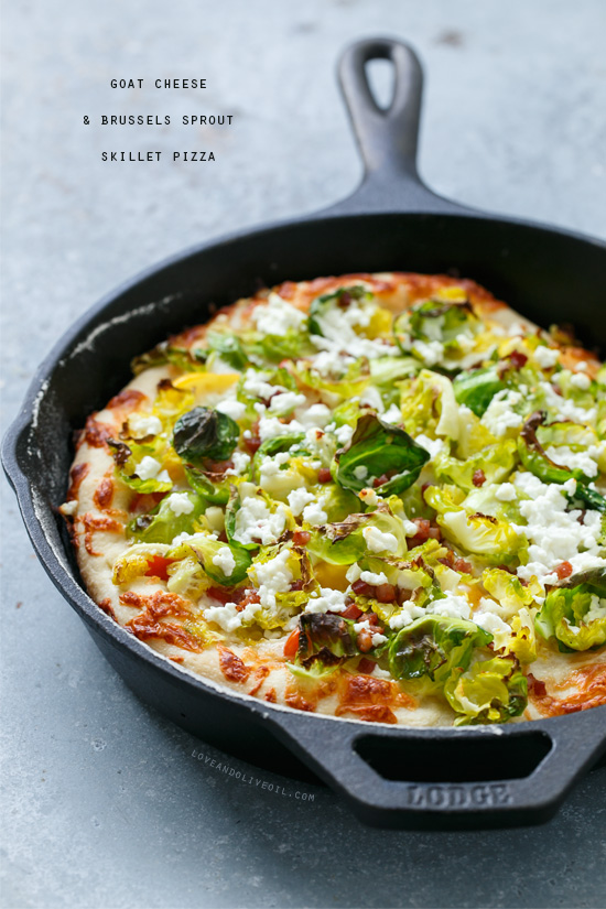 Goat Cheese and Brussels Sprout Skillet Pizza from @loveandoliveoil