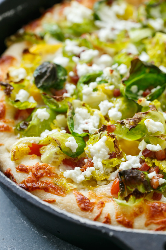 Cast Iron Skillet Pizza with Goat Cheese and Brussels Sprouts from @loveandoliveoil