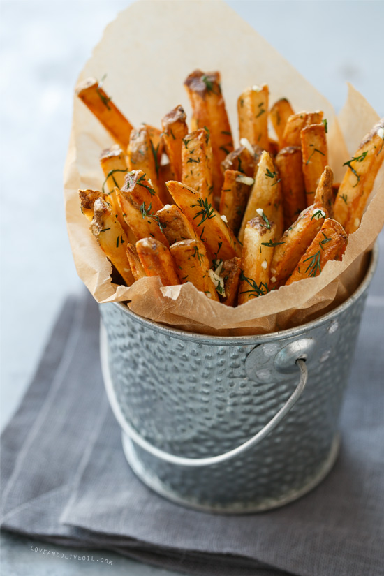 Homemade French Fries with Fresh Garlic and Dill from @loveandoliveoil