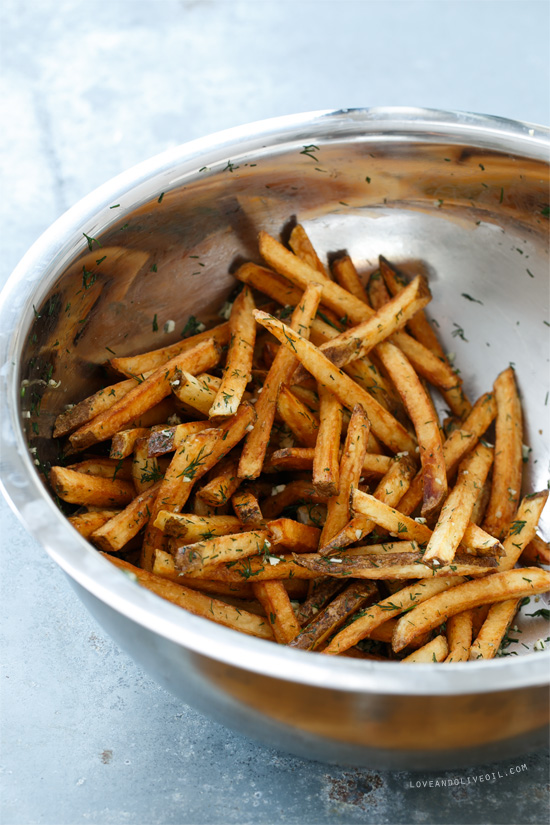 Homemade French Fries with Fresh Garlic and Dill from @loveandoliveoil