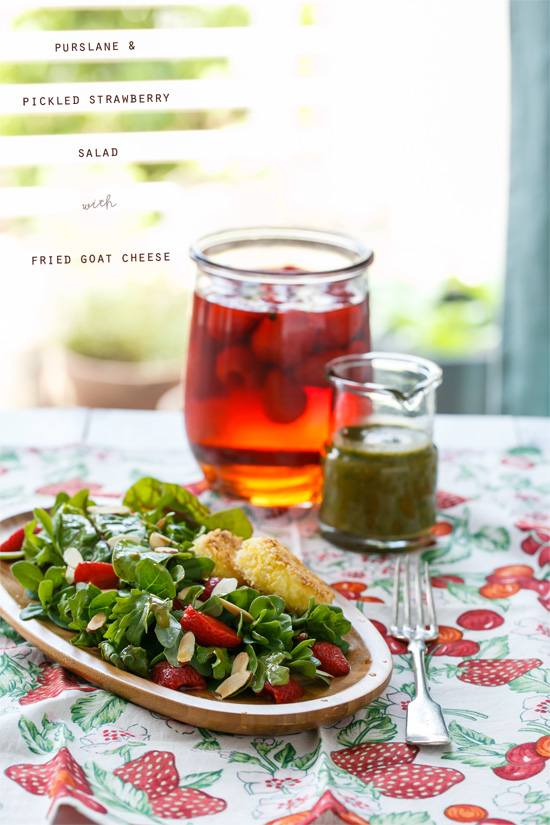 Purslane and Pickled Strawberry Salad with Fried Goat Cheese from @loveandoliveoil