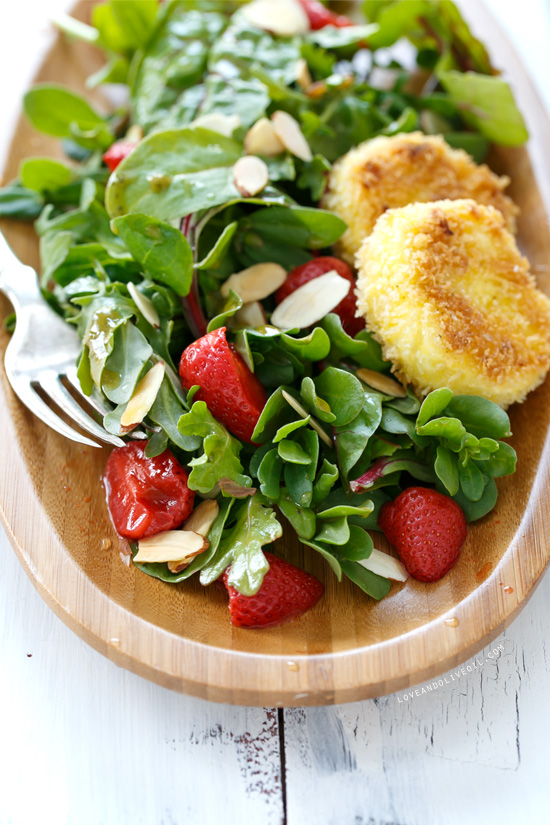 Purslane and Pickled Strawberry Salad with Fried Goat Cheese from @loveandoliveoil