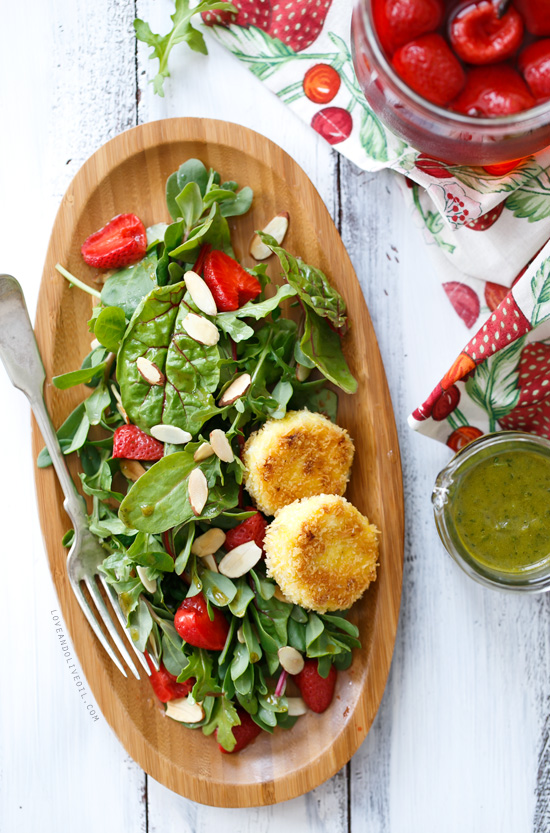 Purslane and Pickled Strawberry Salad with Fried Goat Cheese from @loveandoliveoil