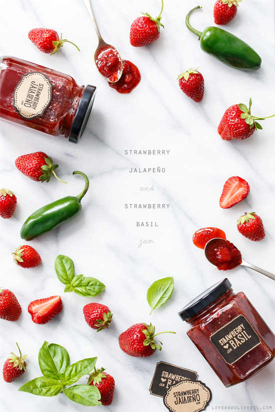 Strawberry Jalapeño and Strawberry Basil Jam from @loveandoliveoil