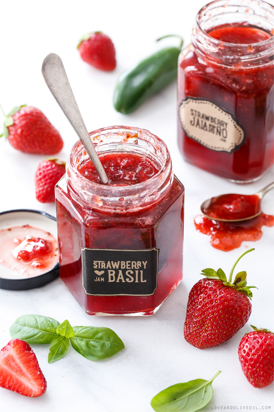 Strawberry Jalapeño and Strawberry Basil Jam from @loveandoliveoil