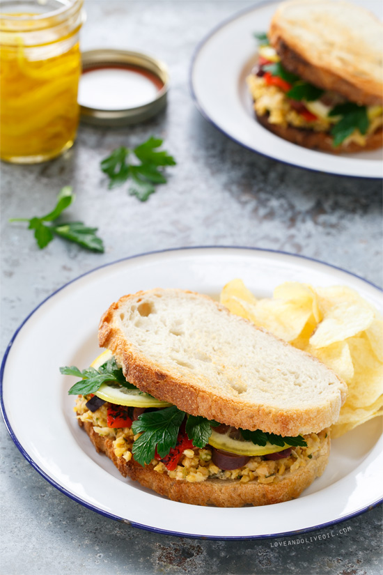 Marinated Chickpea Sandwiches with Lemon Confit, Parsley, Olives, and Roasted Red Peppers from @loveandoliveoil