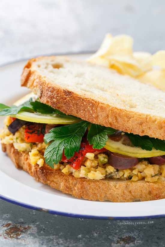 Marinated Chickpea Sandwiches with Lemon Confit, Parsley, Olives, and Roasted Red Peppers from @loveandoliveoil