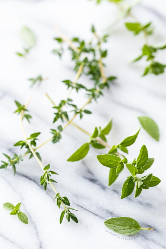 Fresh Thyme & Oregano for Roasted Fennel and Israeli Cous Cous Salad from @loveandoliveoil