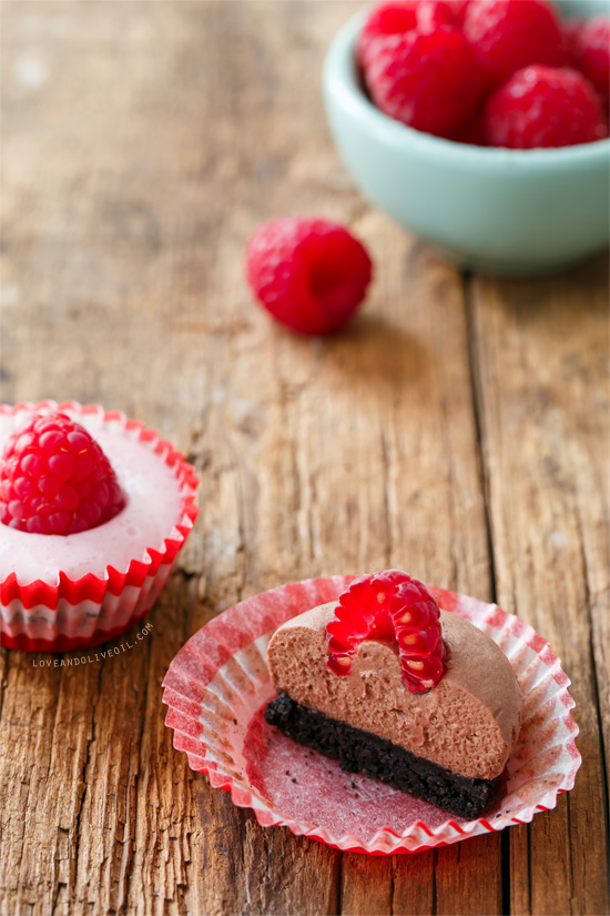 No-Bake White and Dark Chocolate Raspberry Mousse Tartlets from @loveandoliveoil