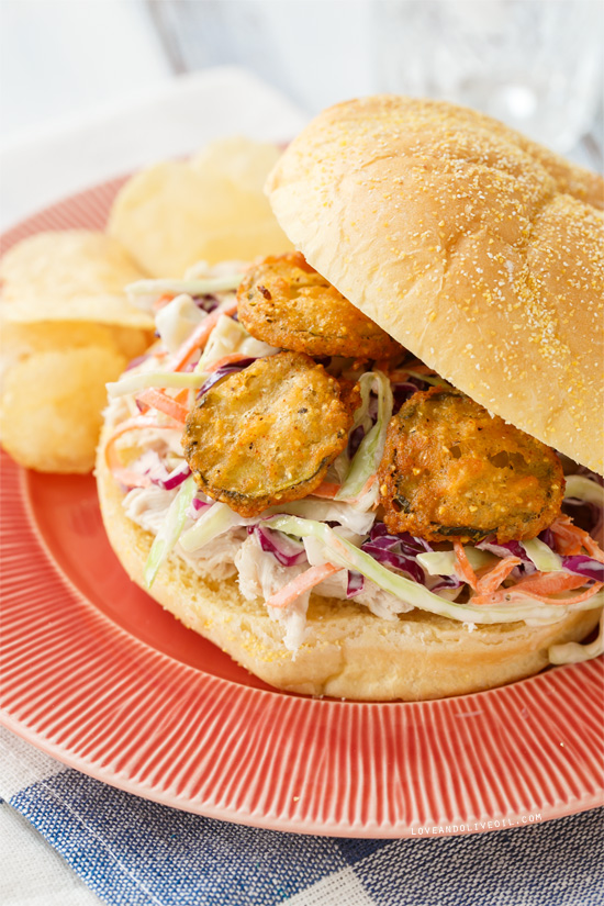 Summer Slaw Sandwiches with Fried Pickles from @loveandoliveoil