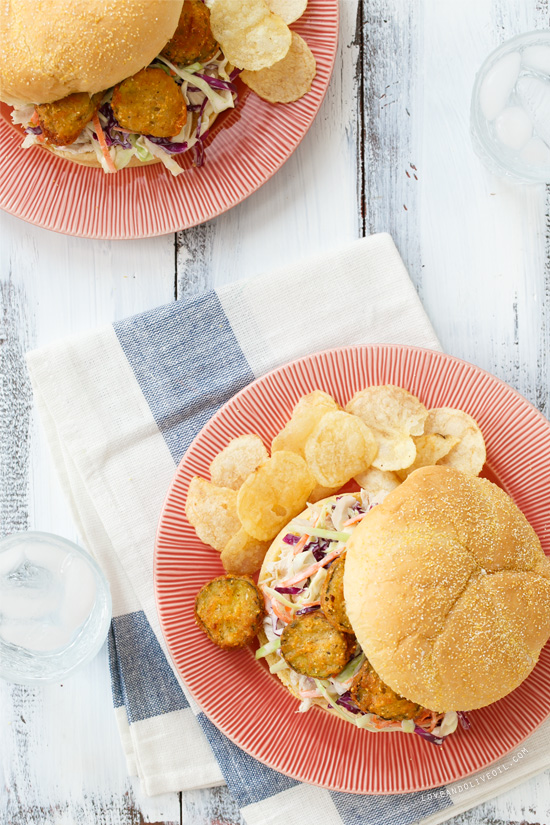 Summer Slaw Sandwiches with Fried Pickles from @loveandoliveoil