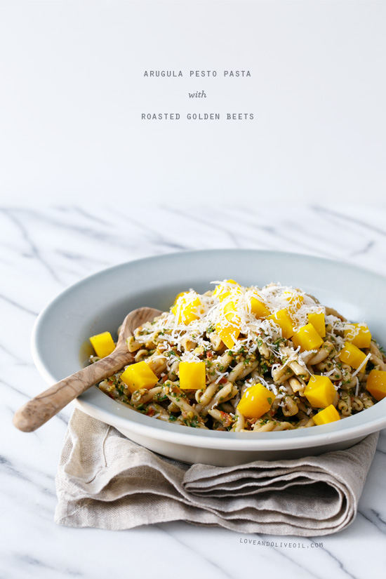 Arugula Pesto Pasta with Roasted Golden Beets from @loveandoliveoil