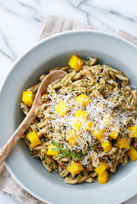 Arugula Pesto Pasta with Roasted Golden Beets from @loveandoliveoil