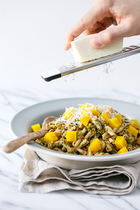 Arugula Pesto Pasta with Roasted Golden Beets from @loveandoliveoil
