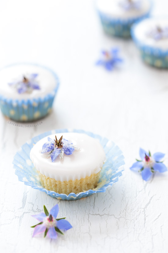 Almond Fairy Cakes with Candied Borage Flowers from @loveandoliveoil