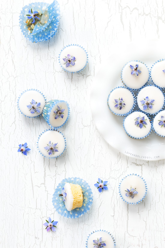 Almond Fairy Cakes with Candied Borage Flowers from @loveandoliveoil